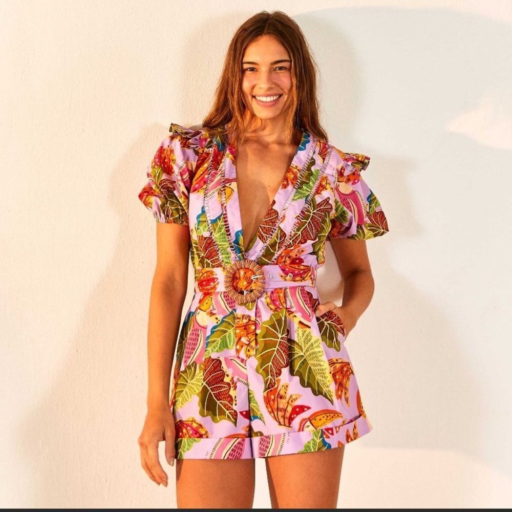 Farm Rio Beaks & Bananas Belted Ruffled Cotton Romper size S